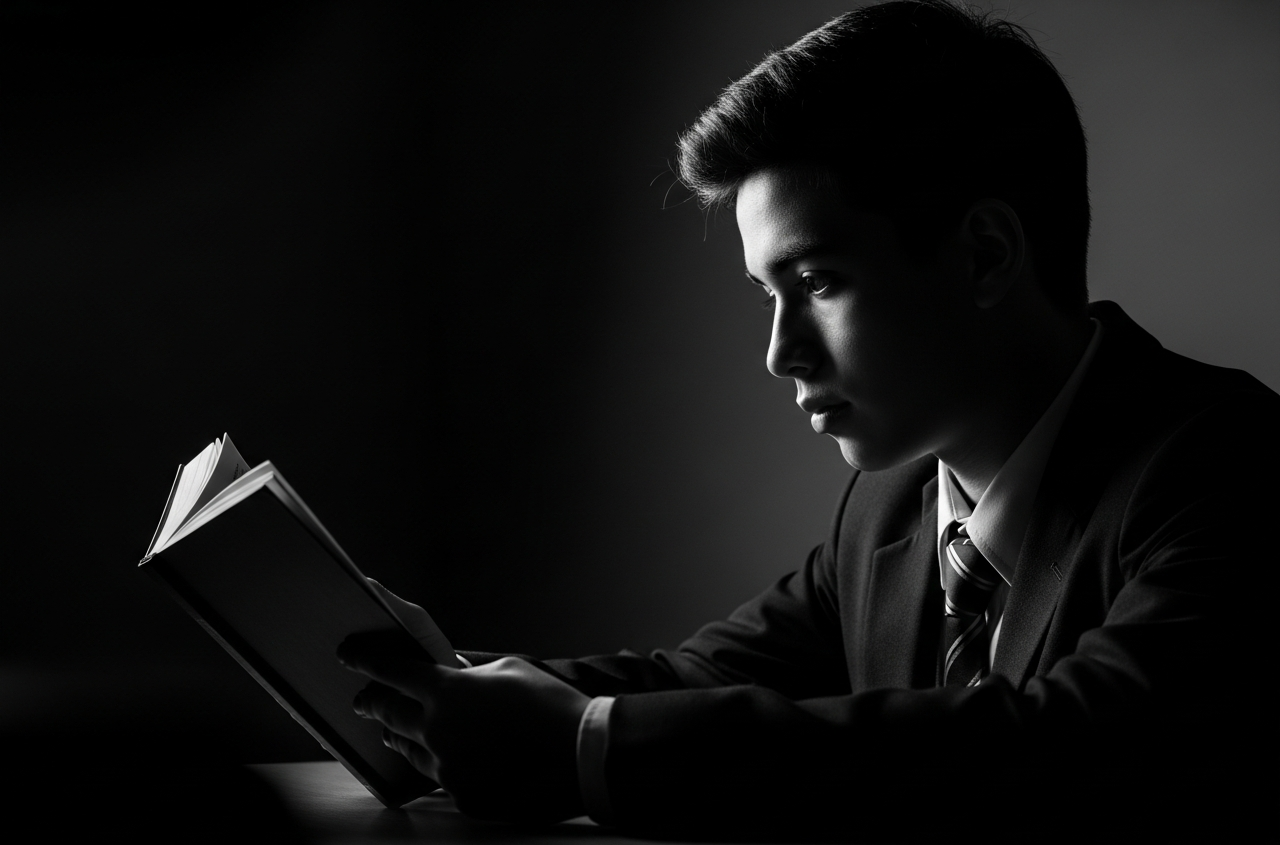 A young student focused on reading a book