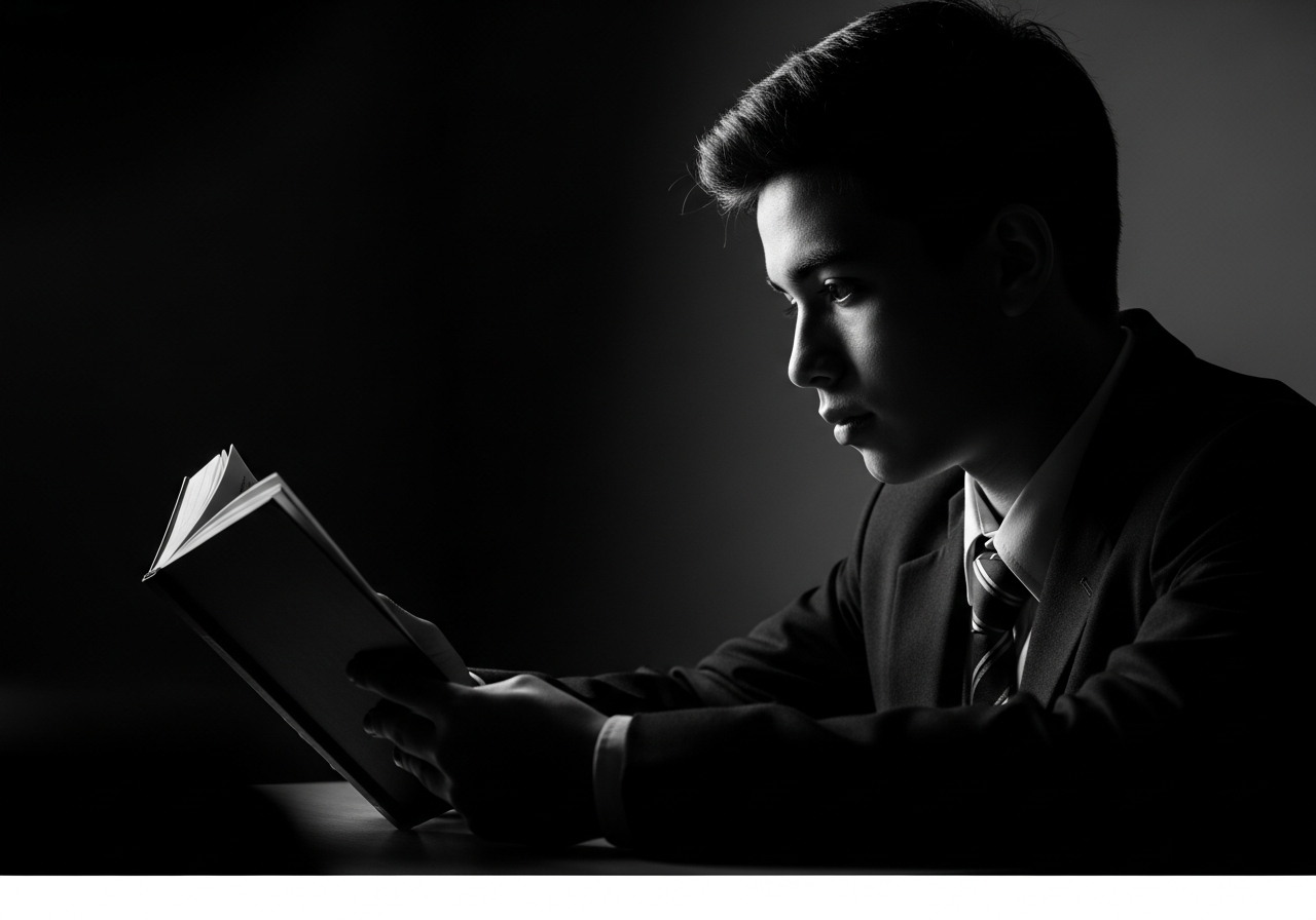 A child reading a book under warm light